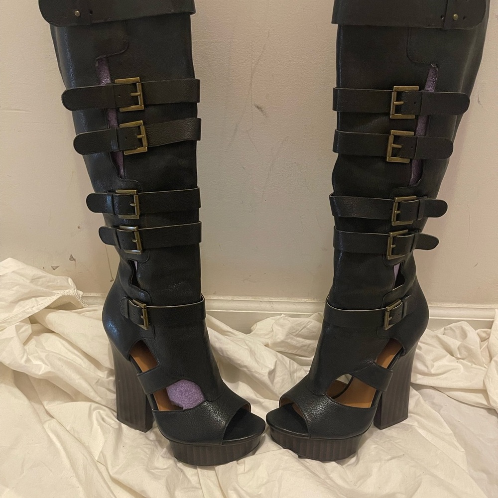 Nine West Strappy Leather Tall Buckle Peep Toe Boots